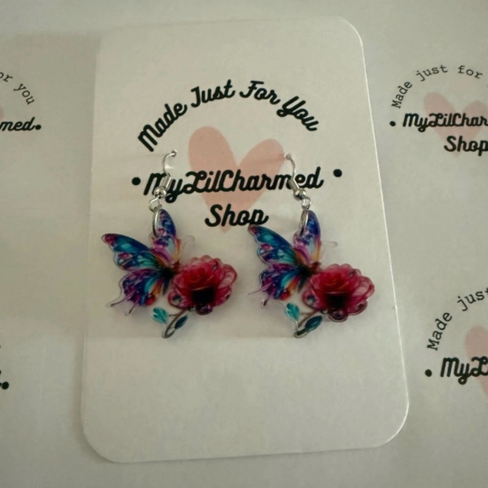 Handmade Colorful Butterfly pink/purple Floral Earrings NEW